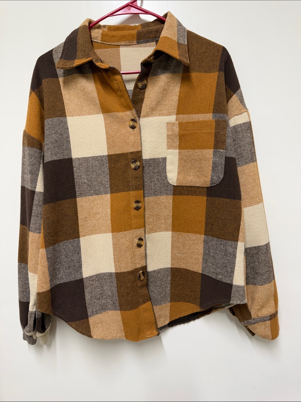 Cozy Plaid Button-Up Shacket in Brown & Cream